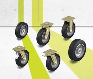 Serie di ruote e ruote con supporto con anello in gomma elastica GEV